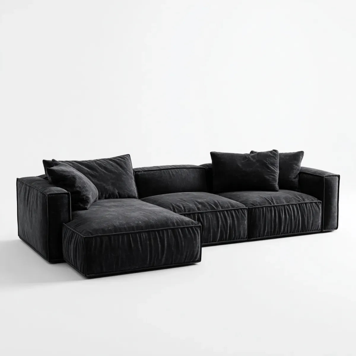 Sofa, Kanapa narożna z krzesłem wzdłużnym Czarna 300 x 175 x 78 cm poliestrowy aksamit 3-osobowy