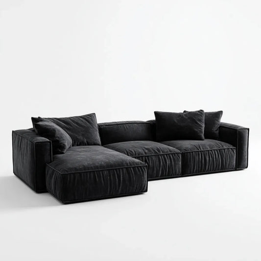 Sofa, Kanapa narożna z krzesłem wzdłużnym Czarna 300 x 175 x 78 cm poliestrowy aksamit 3-osobowy